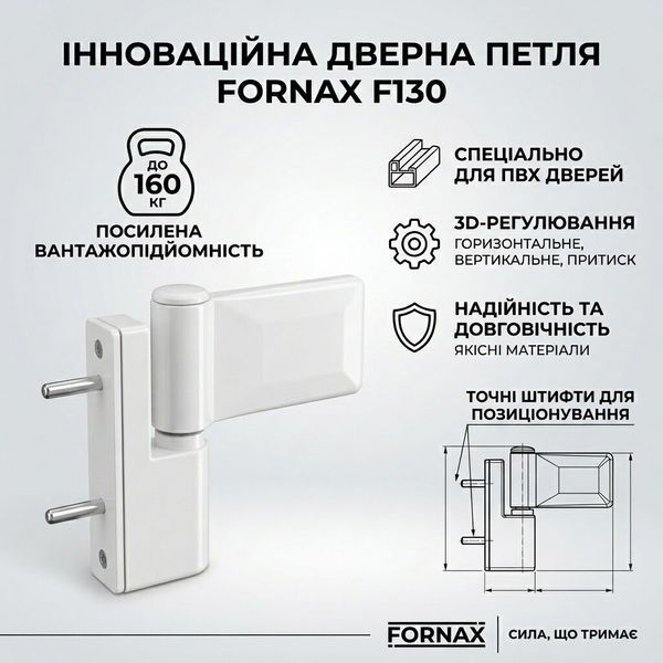 Петля дверна універсальна для ПВХ дверей до 160 кг FORNAX F130 біла 606637461 фото