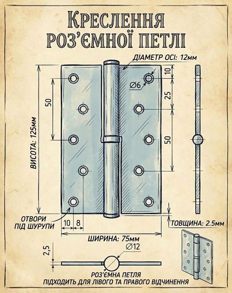 Дверна петля карткова врізна LEGEND 5*125*75 SN R Права 558949365 фото