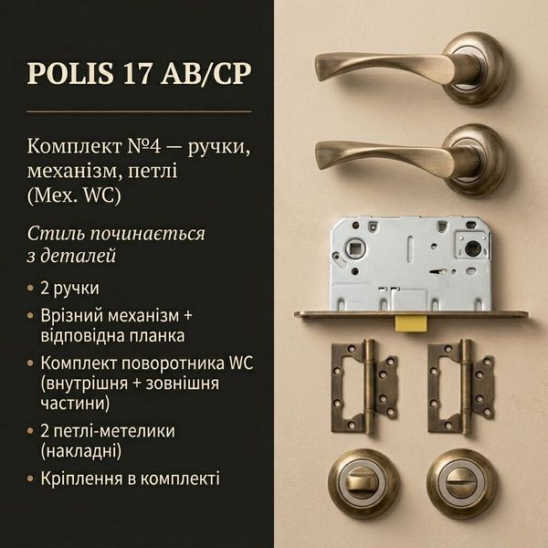 Комплект дверних ручок TRION POLIS 17 AB/CP &mdash; №4 (замок-защіпка + WC + петлі) 2500000038891 фото