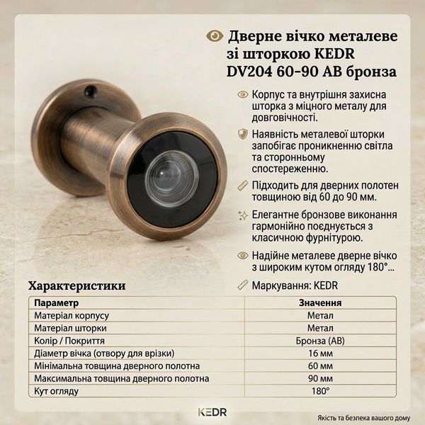 Дверний глазок (вічко) металевий зі шторкою KEDR DV204 60-90 АВ квадратний бронза 965854279764 фото