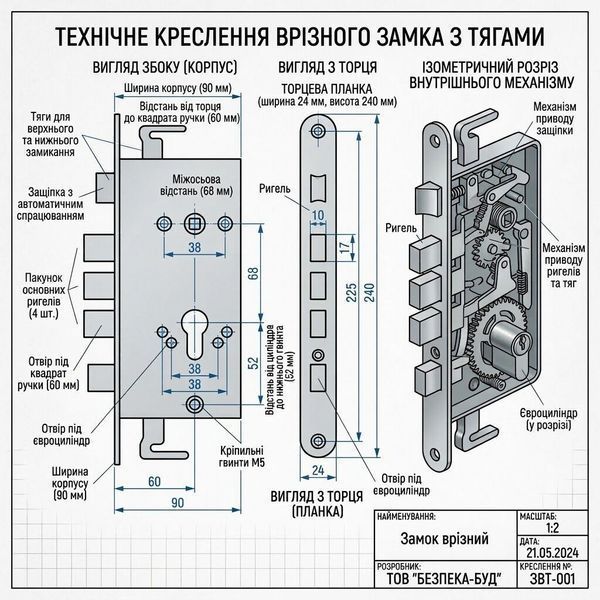 Замок врізний під ручку овальна планка до китайських дверей 3 ригелі 68/61 LOCK BODY BR-61-ЗВКО-7 ЗВКО-7 фото